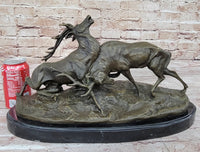 Two Elk Fighting Bronze Sculpture Marble Base