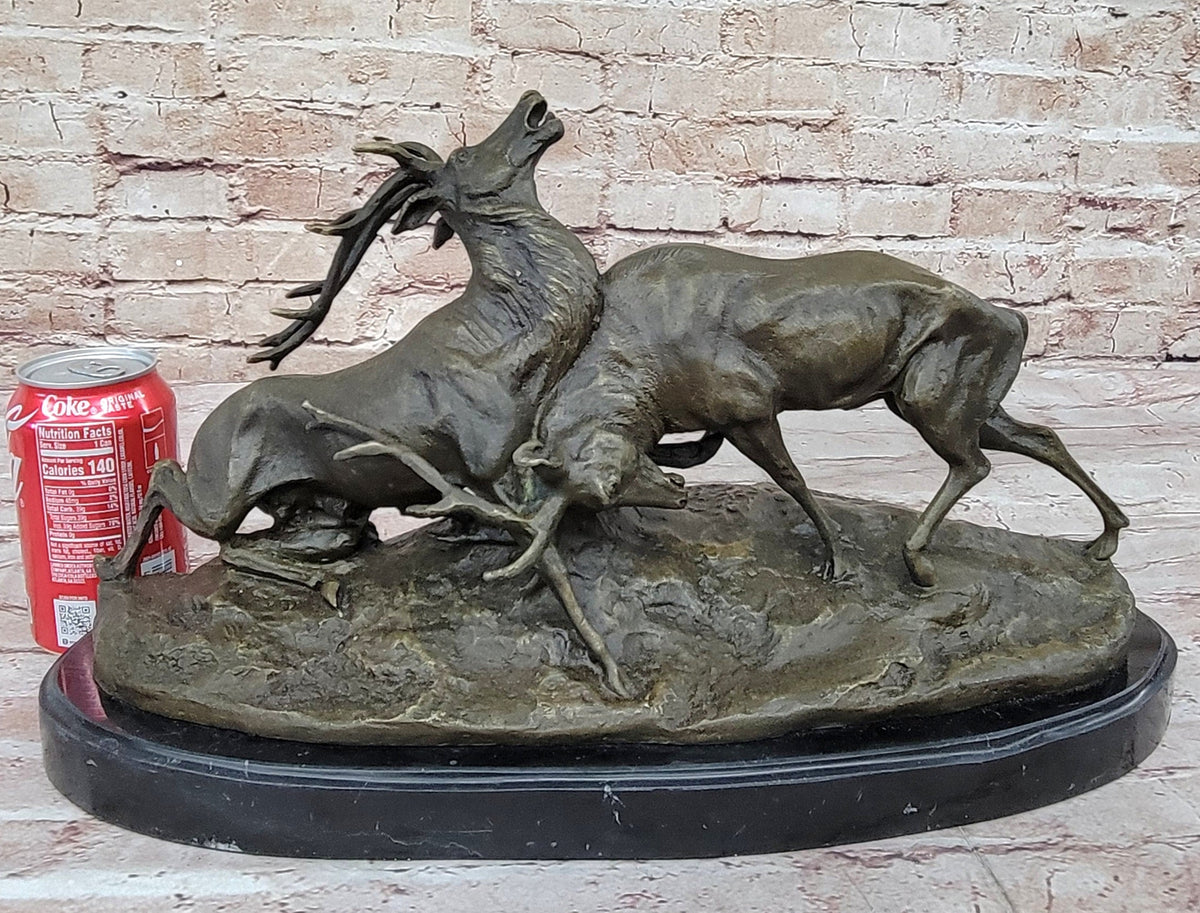 Two Elk Fighting Bronze Sculpture Marble Base
