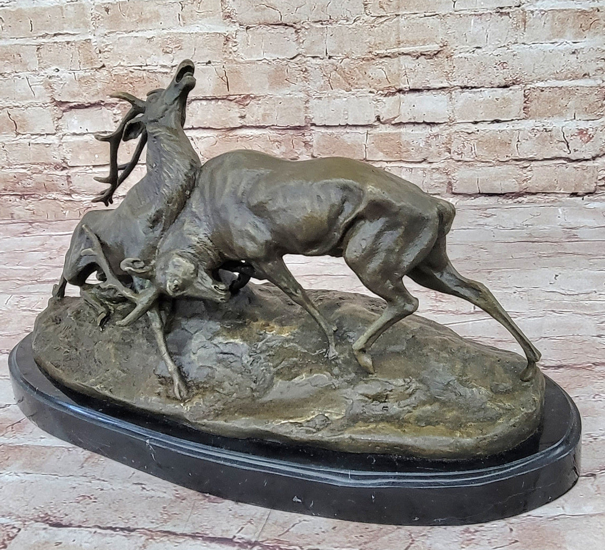 Two Elk Fighting Bronze Sculpture Marble Base