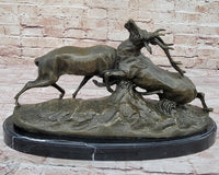 Two Elk Fighting Bronze Sculpture Marble Base