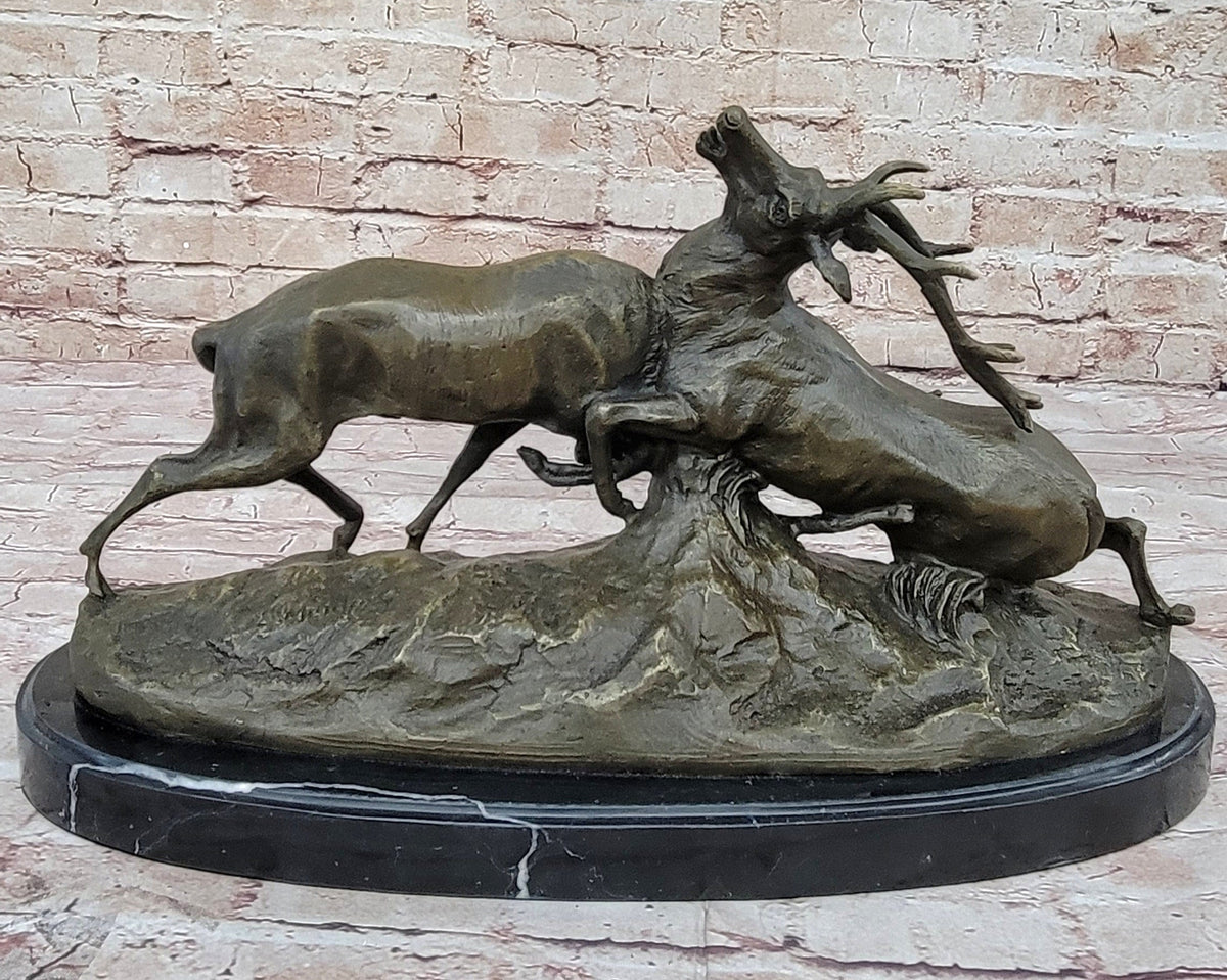 Two Elk Fighting Bronze Sculpture Marble Base