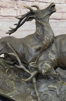 Two Elk Fighting Bronze Sculpture Marble Base
