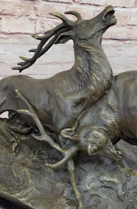 Two Elk Fighting Bronze Sculpture Marble Base