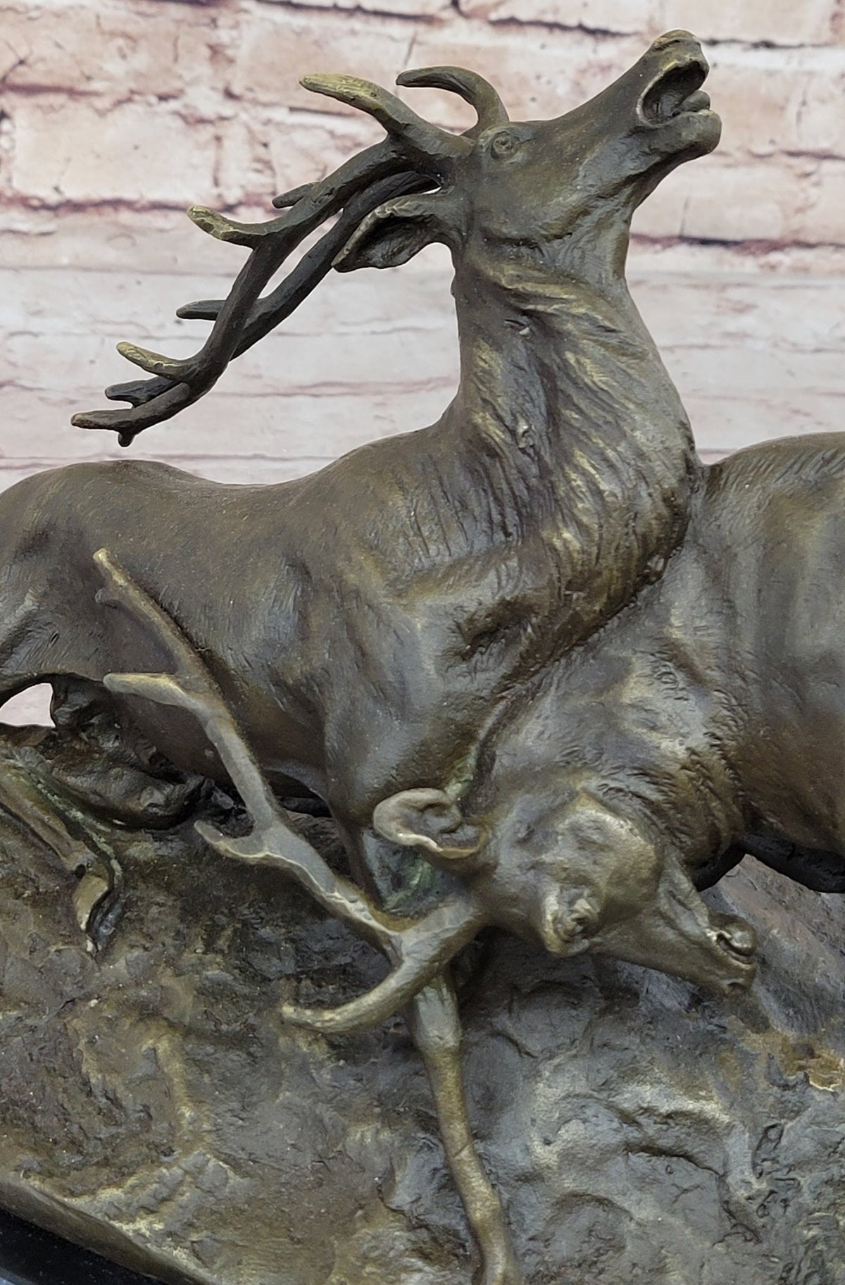 Two Elk Fighting Bronze Sculpture Marble Base