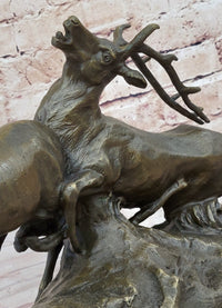 Two Elk Fighting Bronze Sculpture Marble Base
