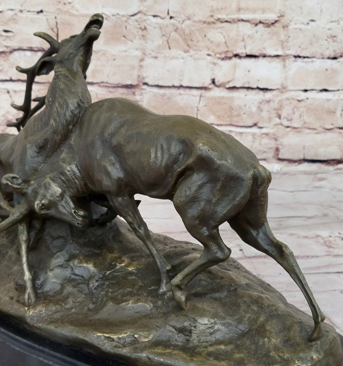 Two Elk Fighting Bronze Sculpture Marble Base