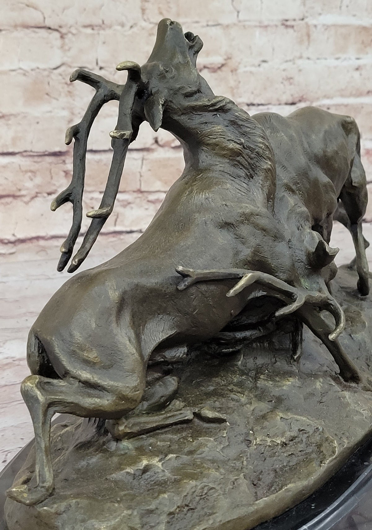 Two Elk Fighting Bronze Sculpture Marble Base