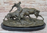 Two Elk Fighting Bronze Sculpture Marble Base