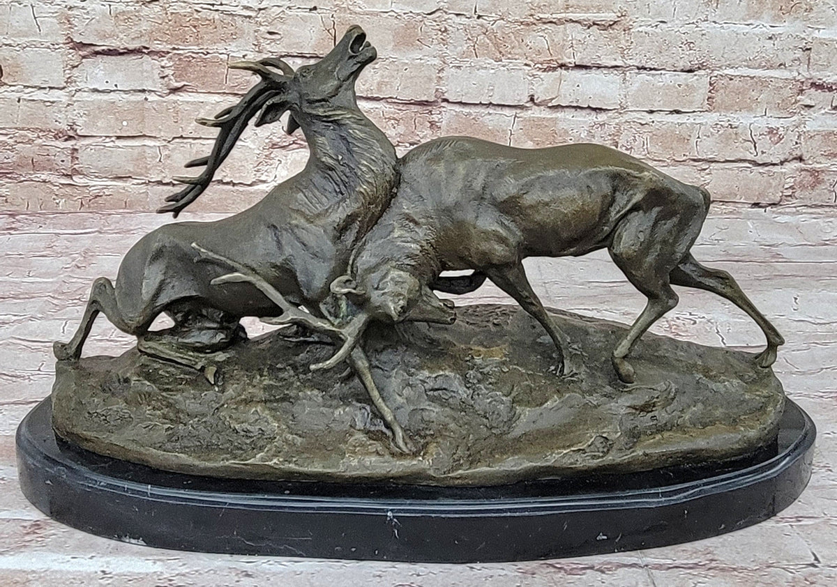 Two Elk Fighting Bronze Sculpture Marble Base