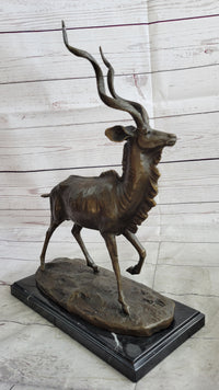 Kudu Antelope Bronze Sculpture on Marble Base Signed Art