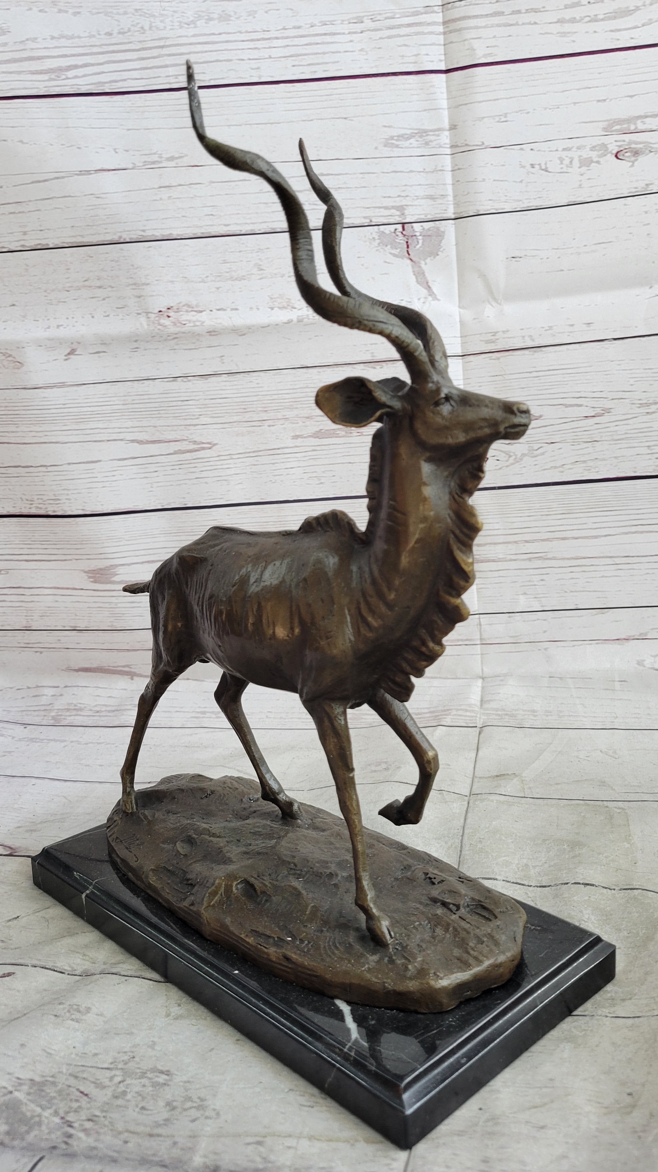 Kudu Antelope Bronze Sculpture on Marble Base Signed Art