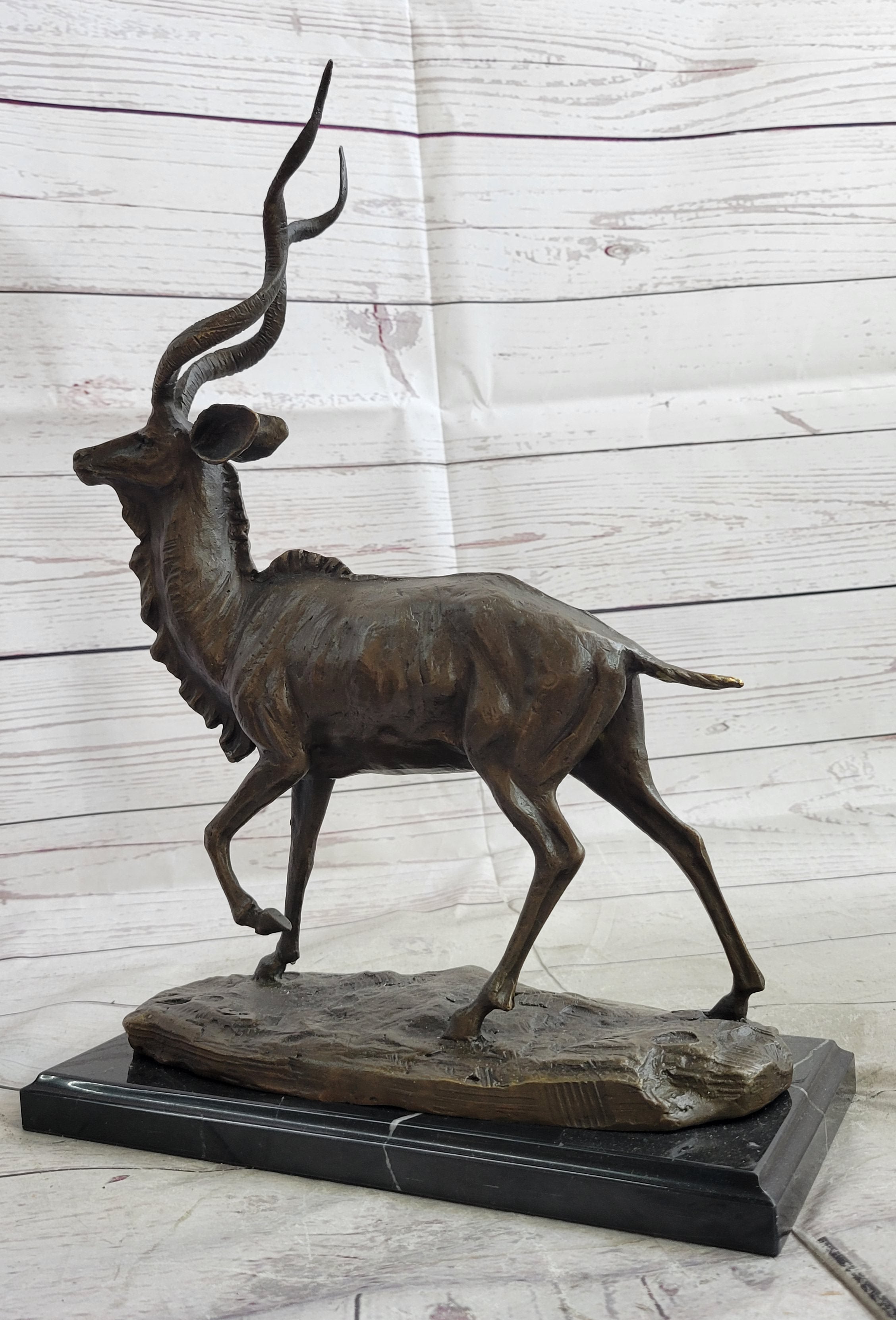 Kudu Antelope Bronze Sculpture on Marble Base Signed Art