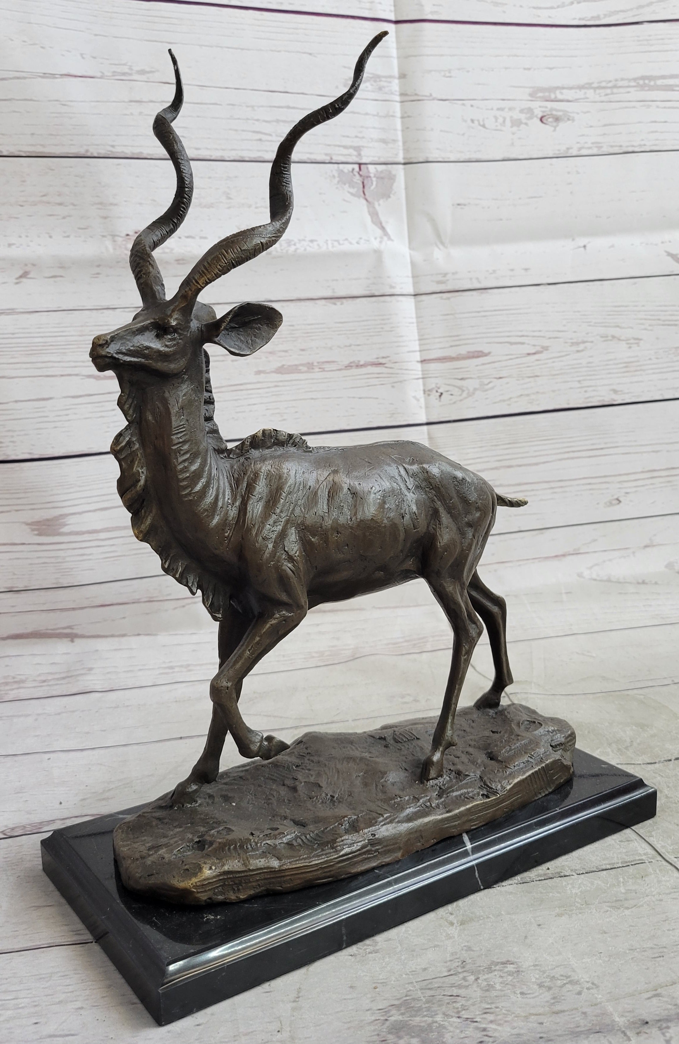 Kudu Antelope Bronze Sculpture on Marble Base Signed Art