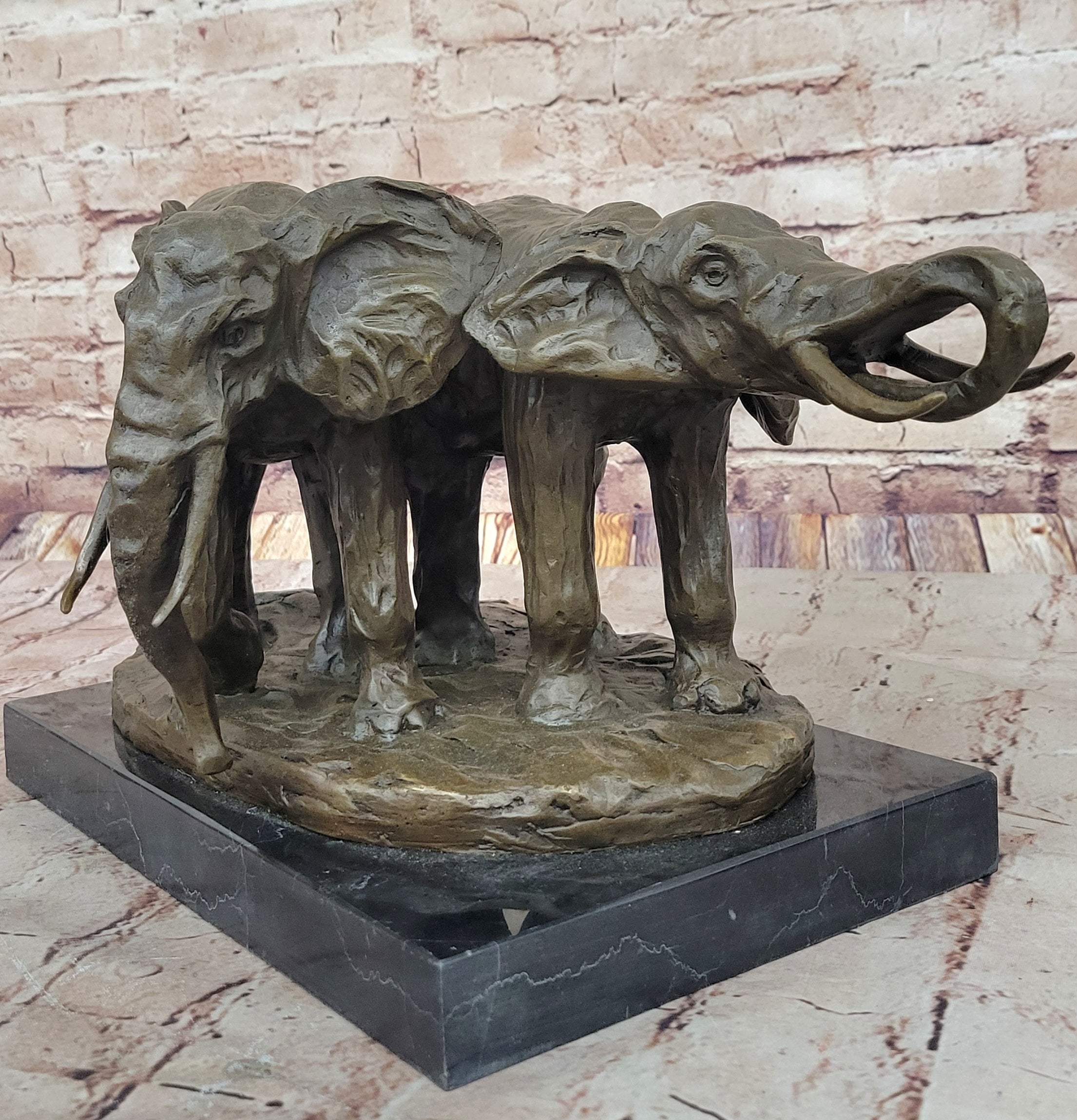 Bronze Elephant Pair Sculpture by Milo on Marble Base
