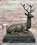 Sculpture Forest Deer Elk Stag Bronze Animal Statue Sitting by P. Lecourtier Art