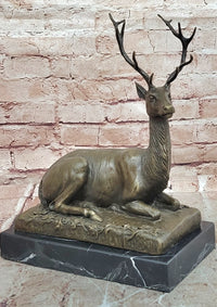 Sculpture Forest Deer Elk Stag Bronze Animal Statue Sitting by P. Lecourtier Art