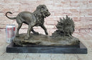 Lion vs. Porcupine Bronze Sculpture on Marble Base
