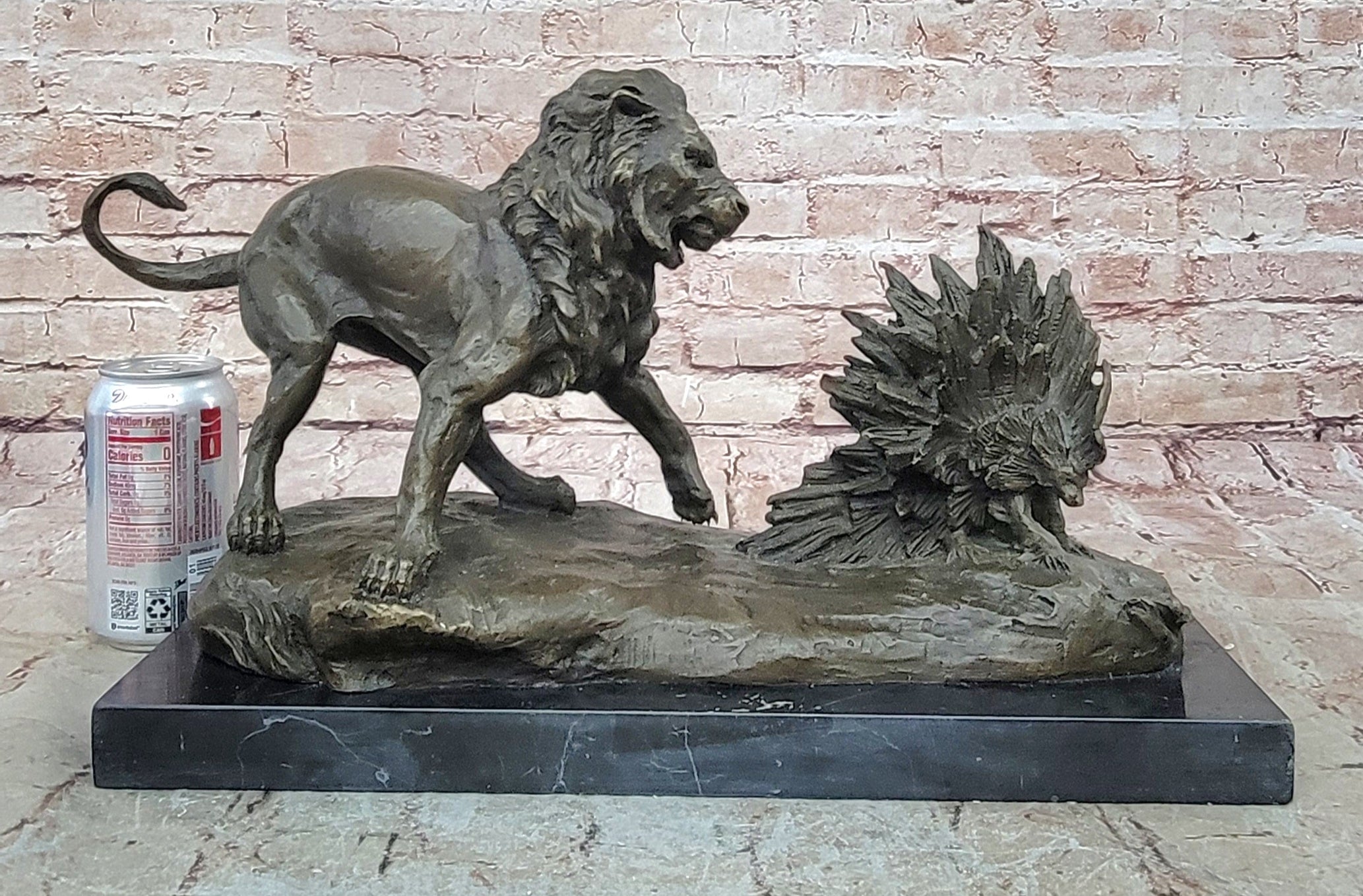 Lion vs. Porcupine Bronze Sculpture on Marble Base