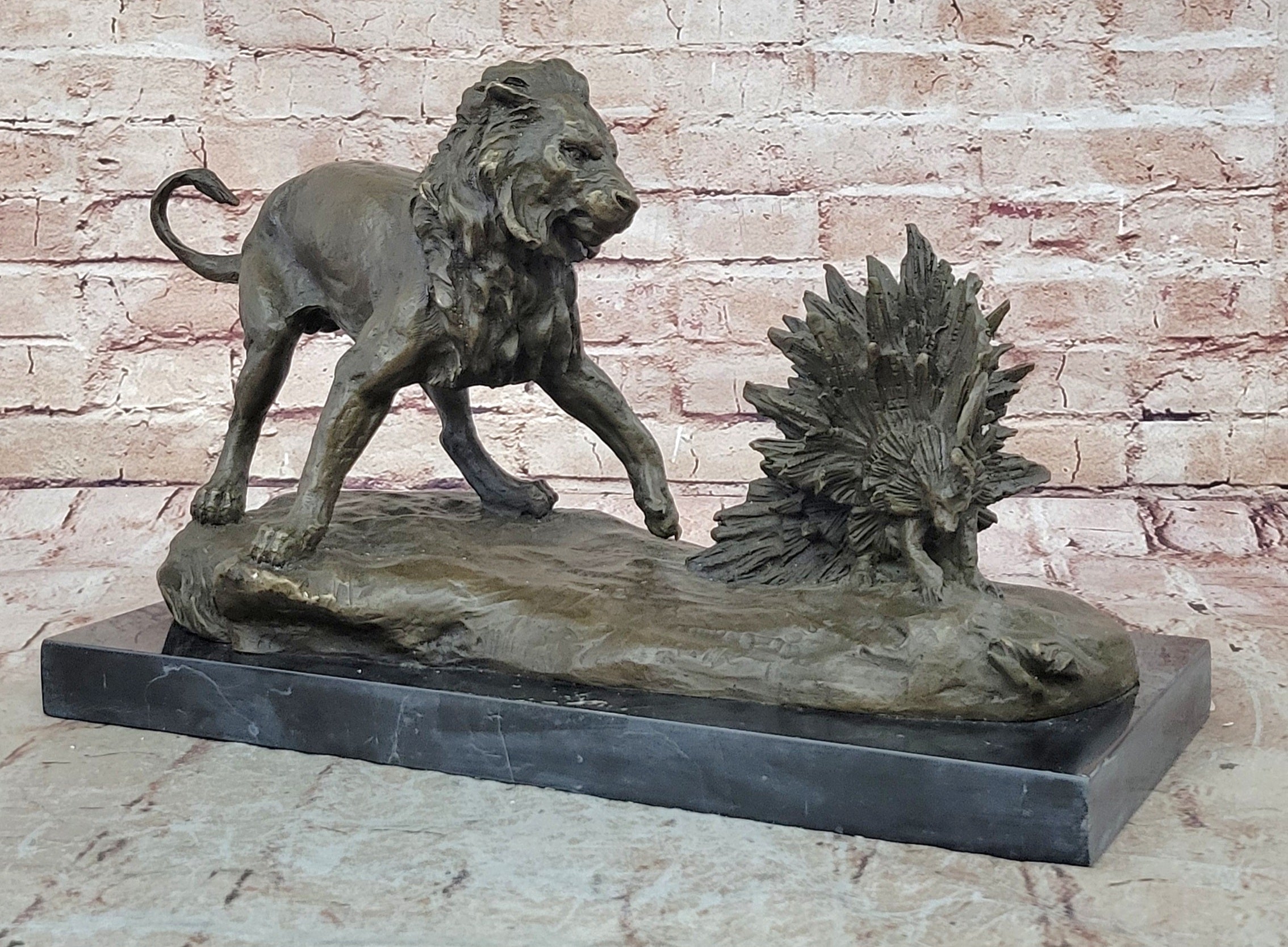 Lion vs. Porcupine Bronze Sculpture on Marble Base