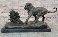 Lion vs. Porcupine Bronze Sculpture on Marble Base