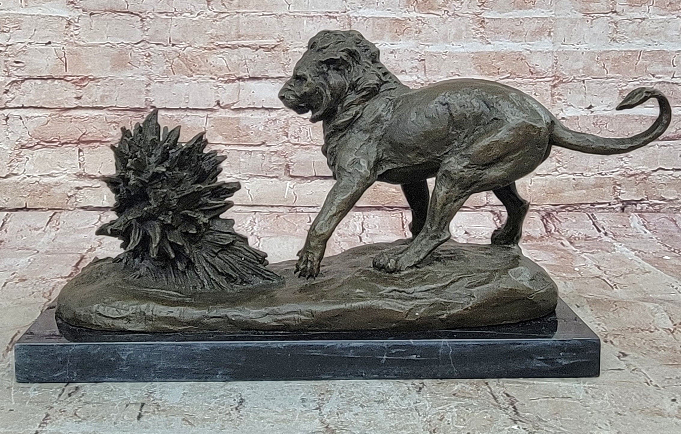 Lion vs. Porcupine Bronze Sculpture on Marble Base