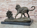 Lion vs. Porcupine Bronze Sculpture on Marble Base