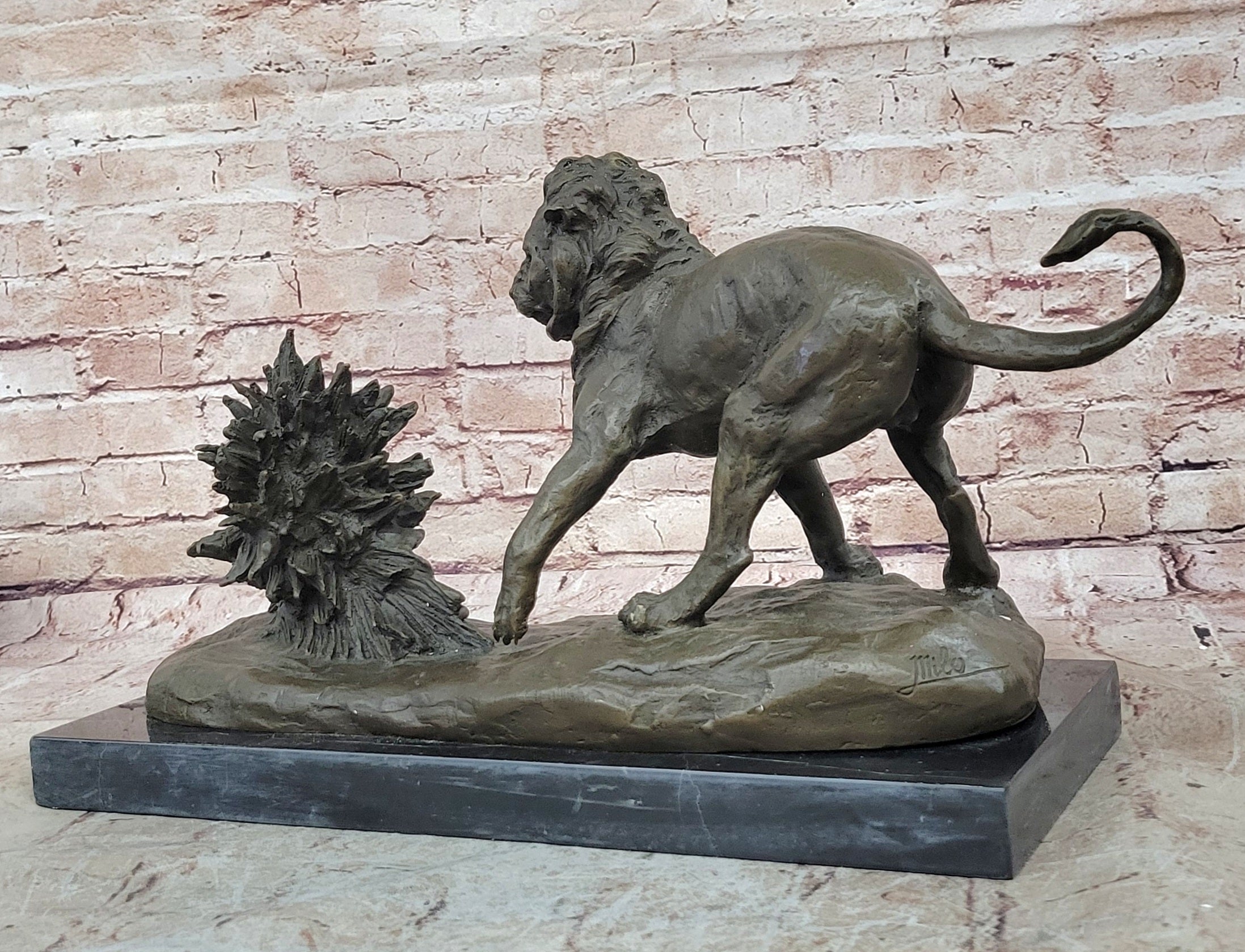 Lion vs. Porcupine Bronze Sculpture on Marble Base