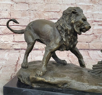Lion vs. Porcupine Bronze Sculpture on Marble Base