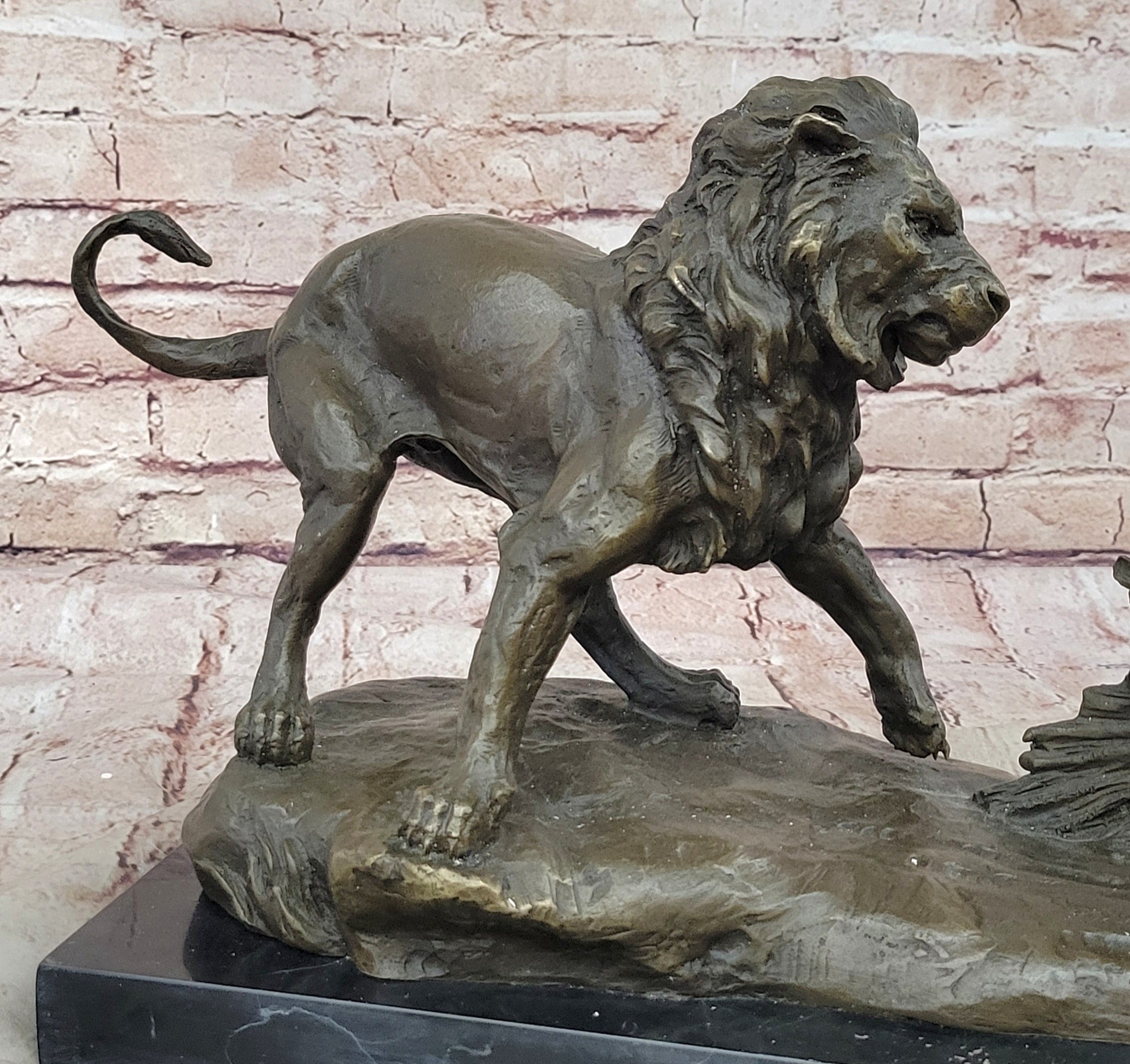 Lion vs. Porcupine Bronze Sculpture on Marble Base