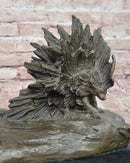 Lion vs. Porcupine Bronze Sculpture on Marble Base