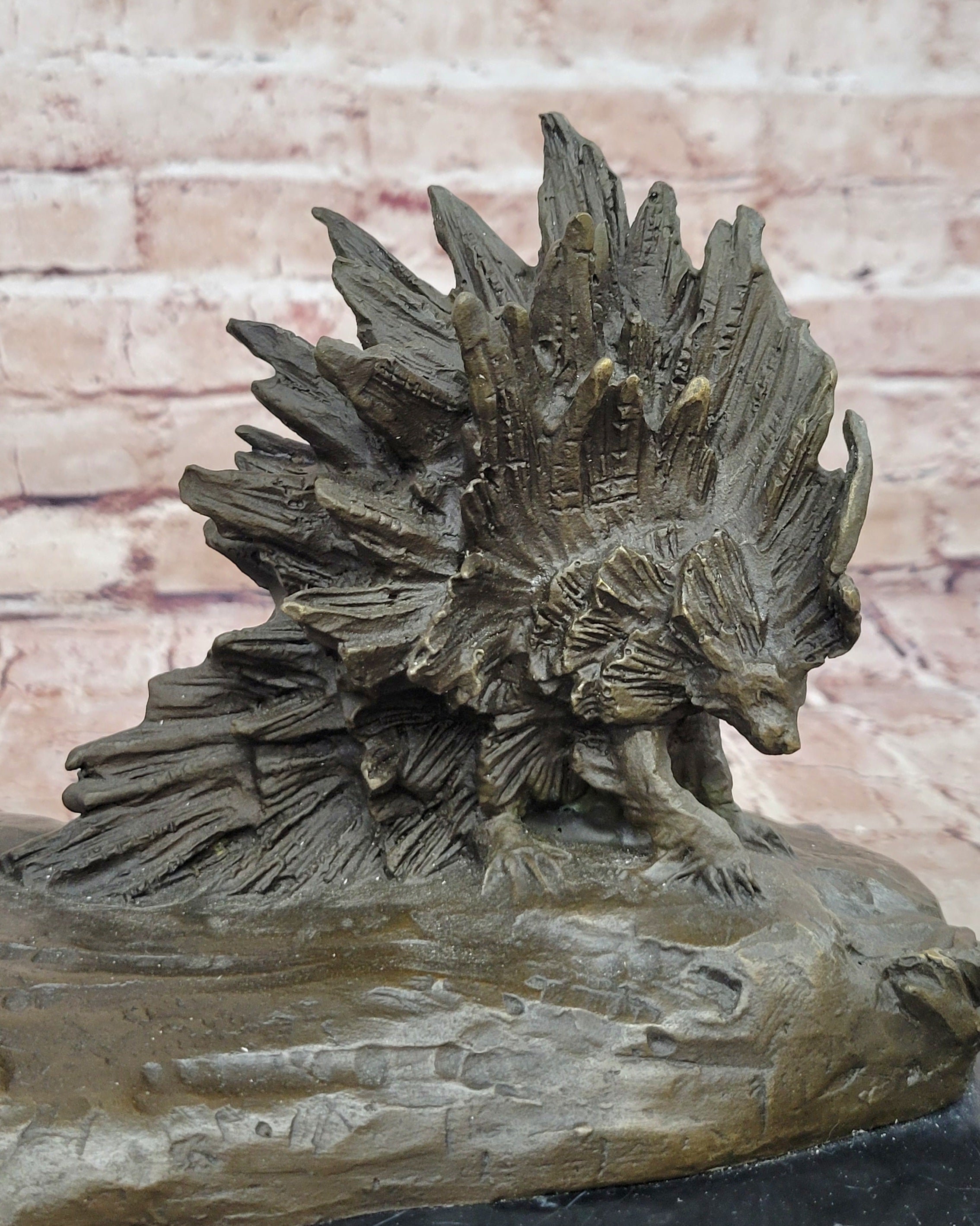 Lion vs. Porcupine Bronze Sculpture on Marble Base
