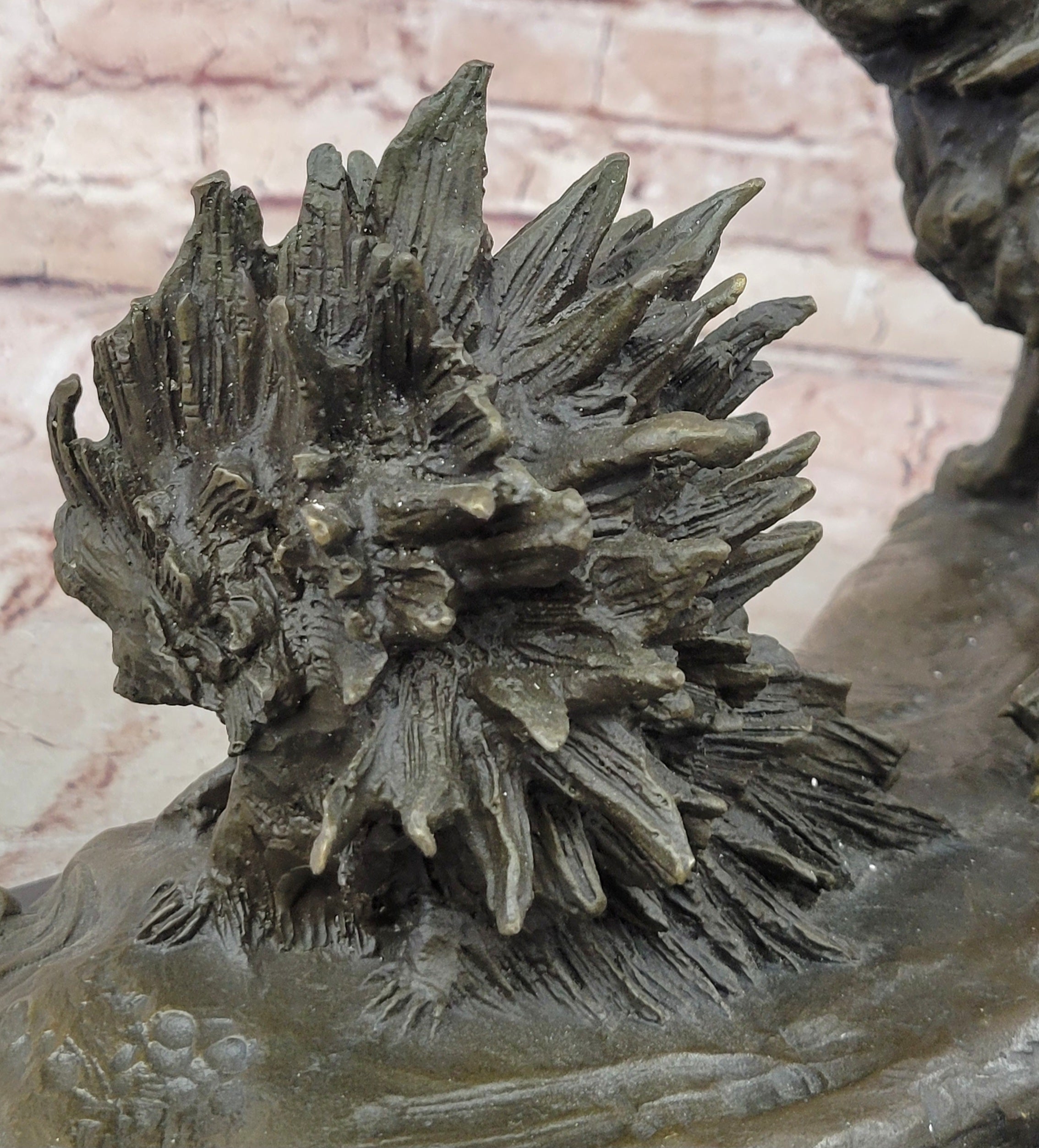 Lion vs. Porcupine Bronze Sculpture on Marble Base
