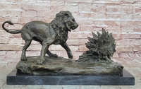 Lion vs. Porcupine Bronze Sculpture on Marble Base