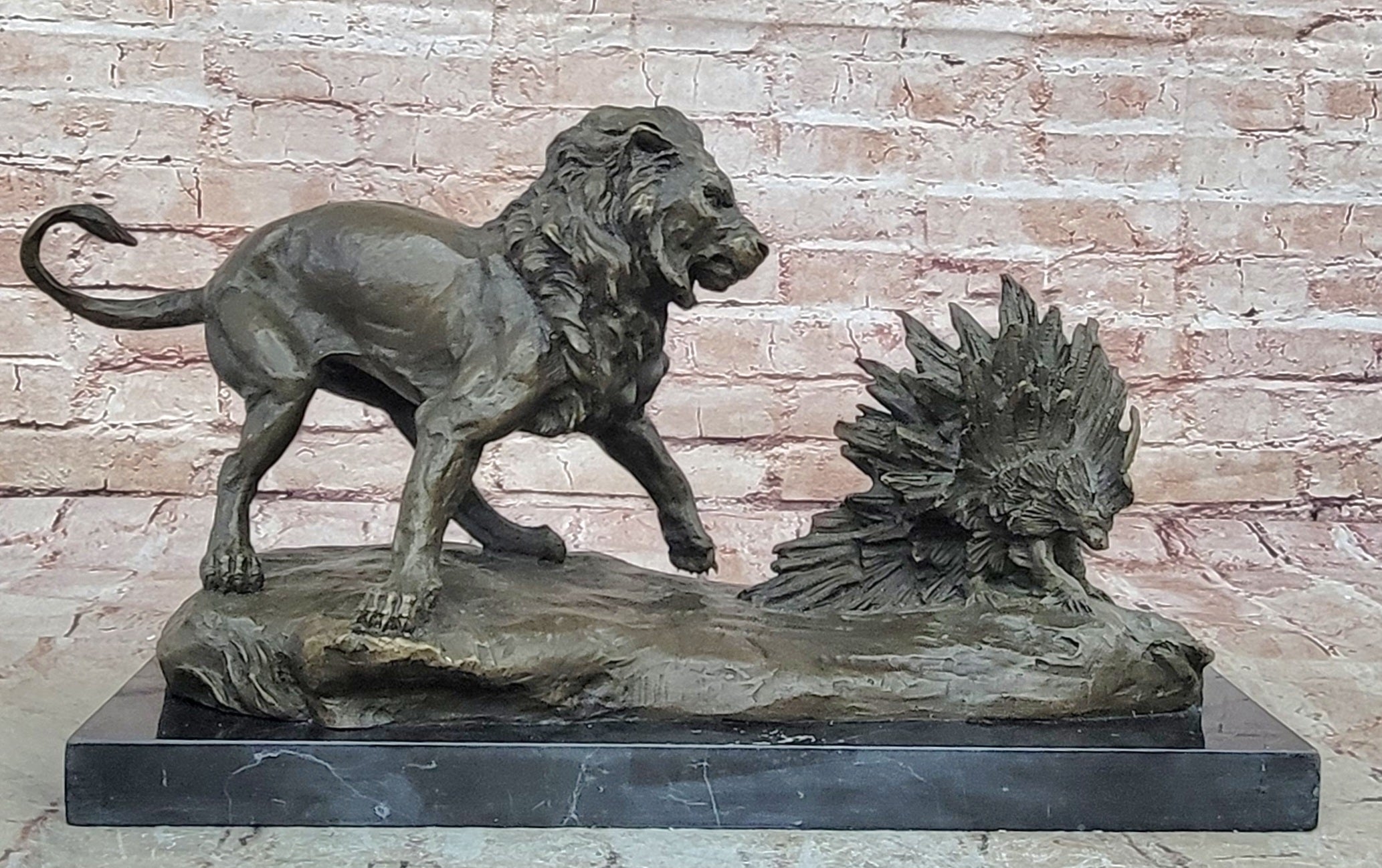 Lion vs. Porcupine Bronze Sculpture on Marble Base