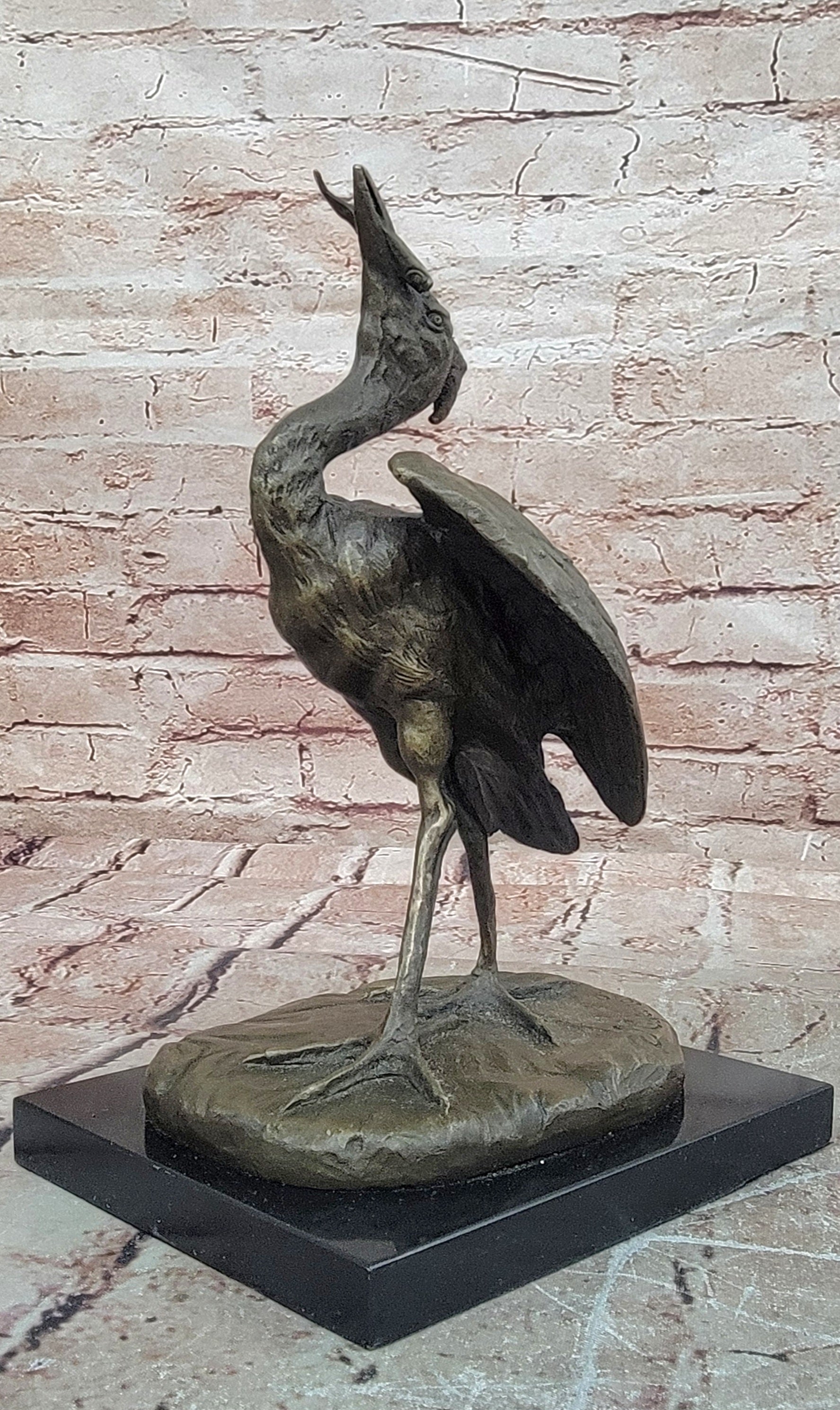Agathon Leonard Successful catch Stork with Fish Bronze Sculpture Figurine