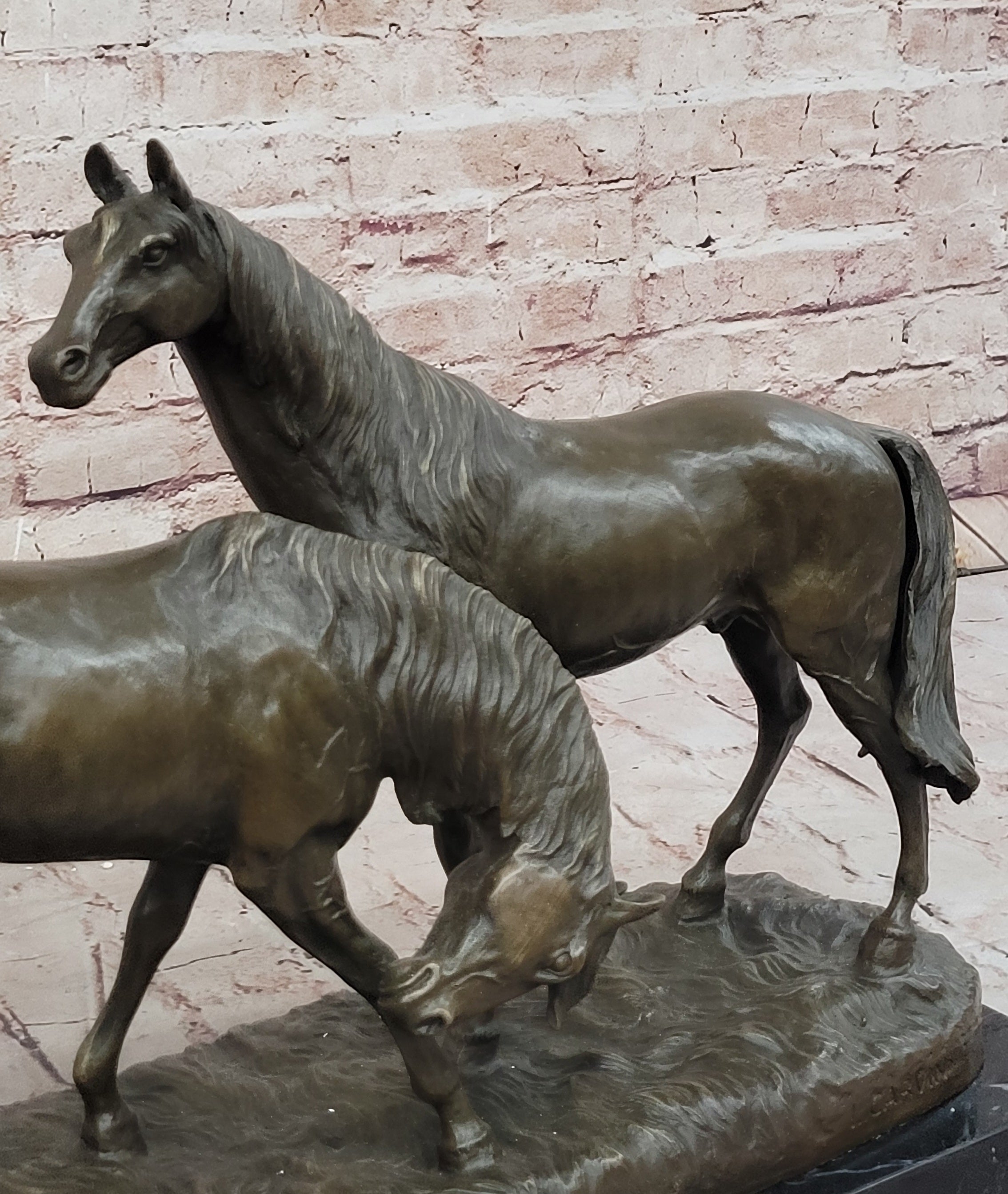 Necking Horses Equestrian Bronze Sculpture Art Figure Marble Base