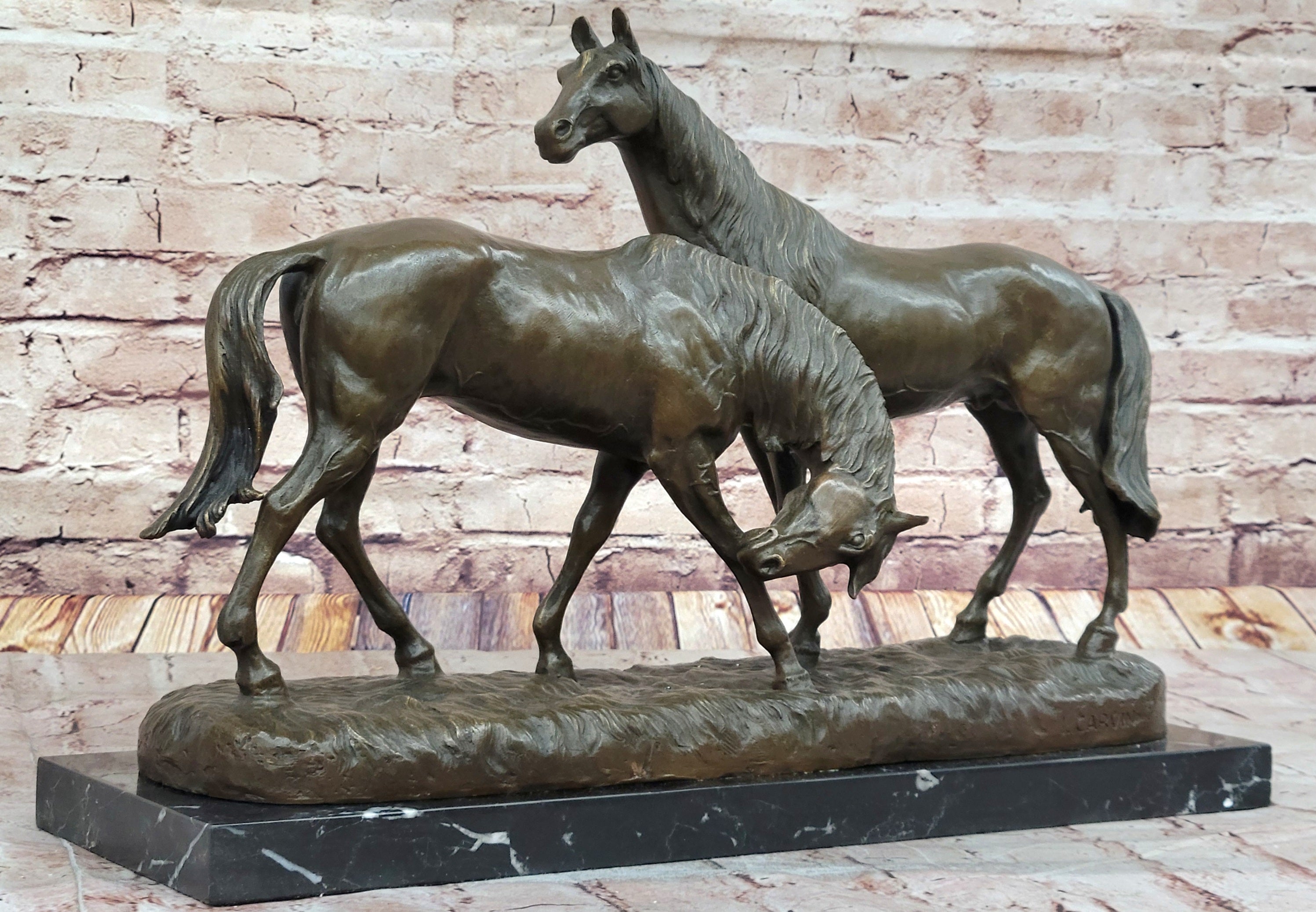 Necking Horses Equestrian Bronze Sculpture Art Figure Marble Base