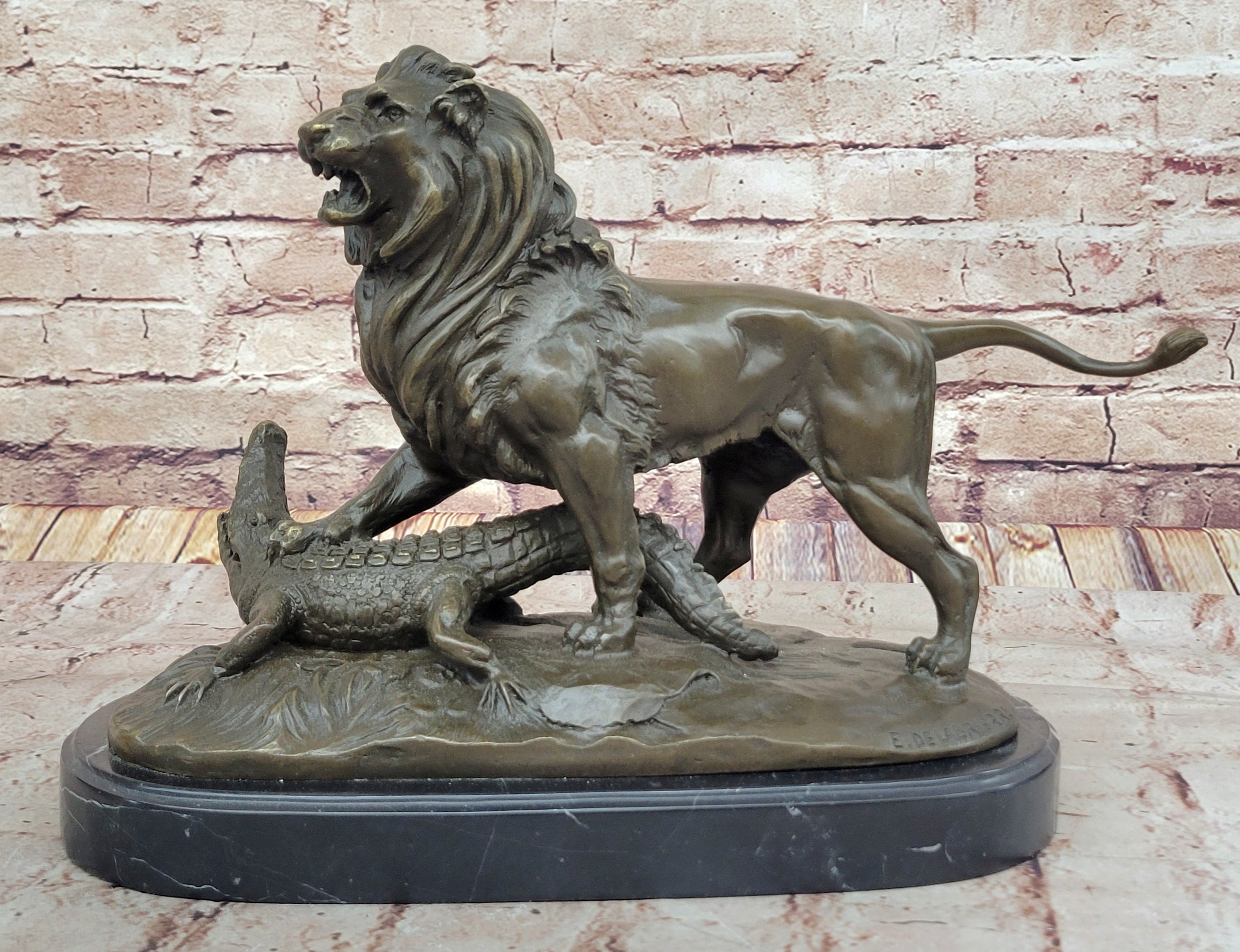 Bronze Lion vs Crocodile by Delabrierre – Wildlife Showdown