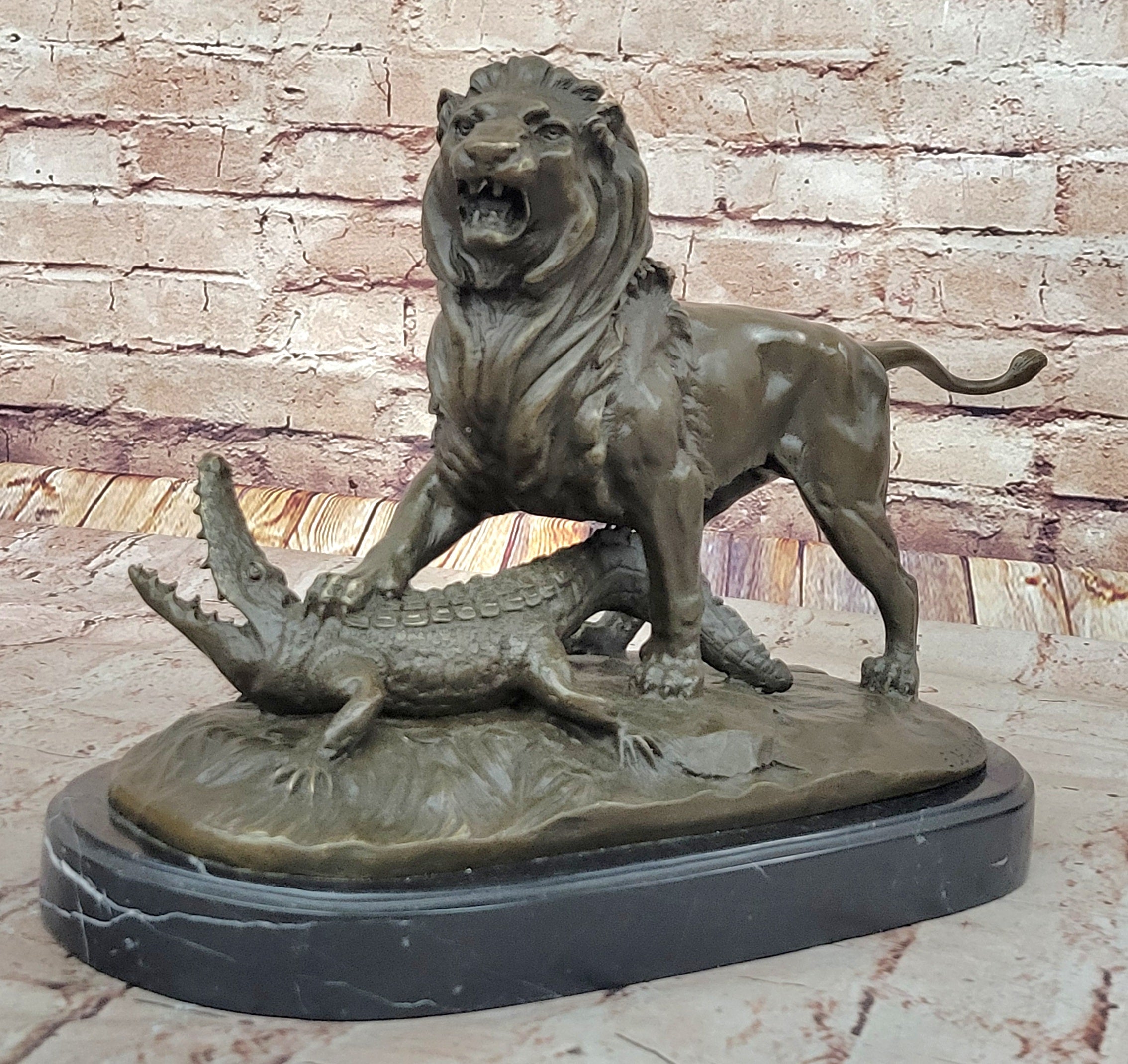 Bronze Lion vs Crocodile by Delabrierre – Wildlife Showdown