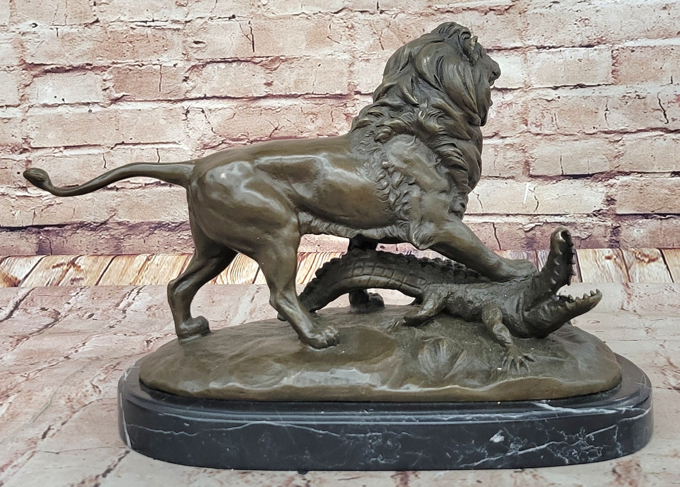 Bronze Lion vs Crocodile by Delabrierre – Wildlife Showdown