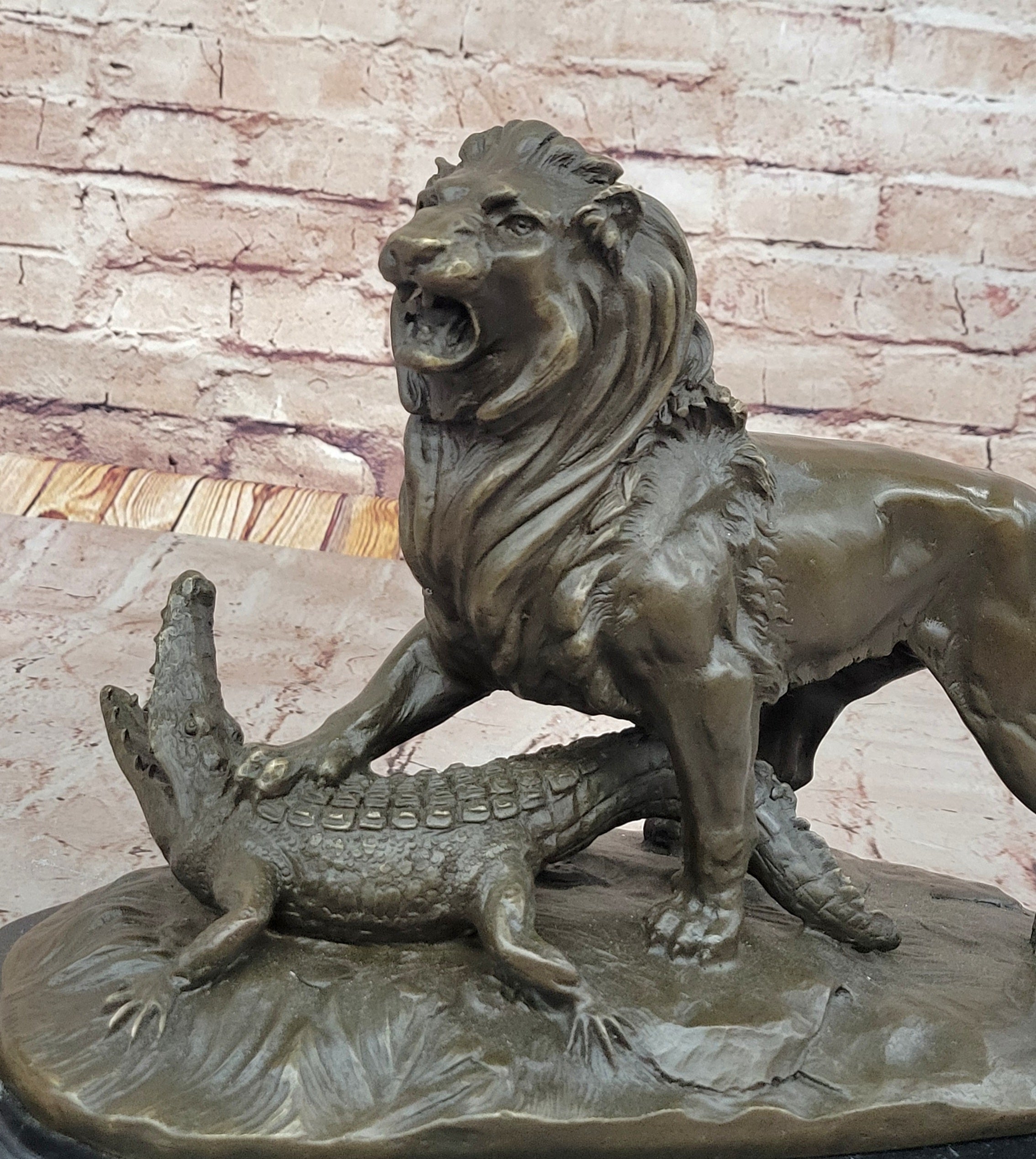 Bronze Lion vs Crocodile by Delabrierre – Wildlife Showdown