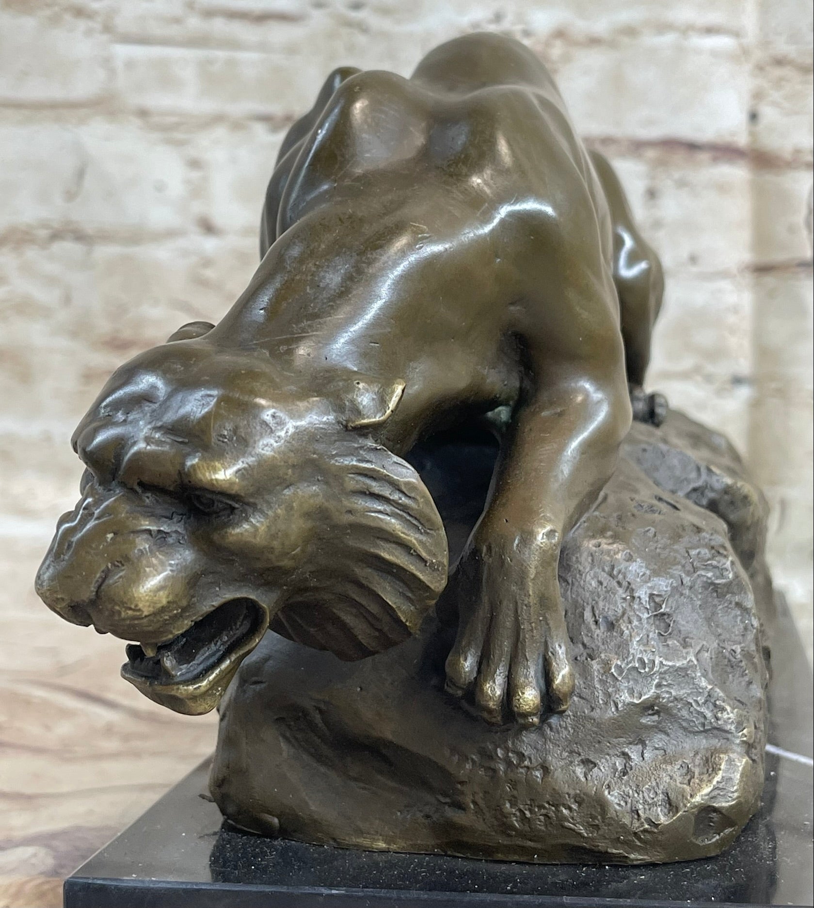 Sabre Tooth Tiger Bronze Sculpture on Marble Base