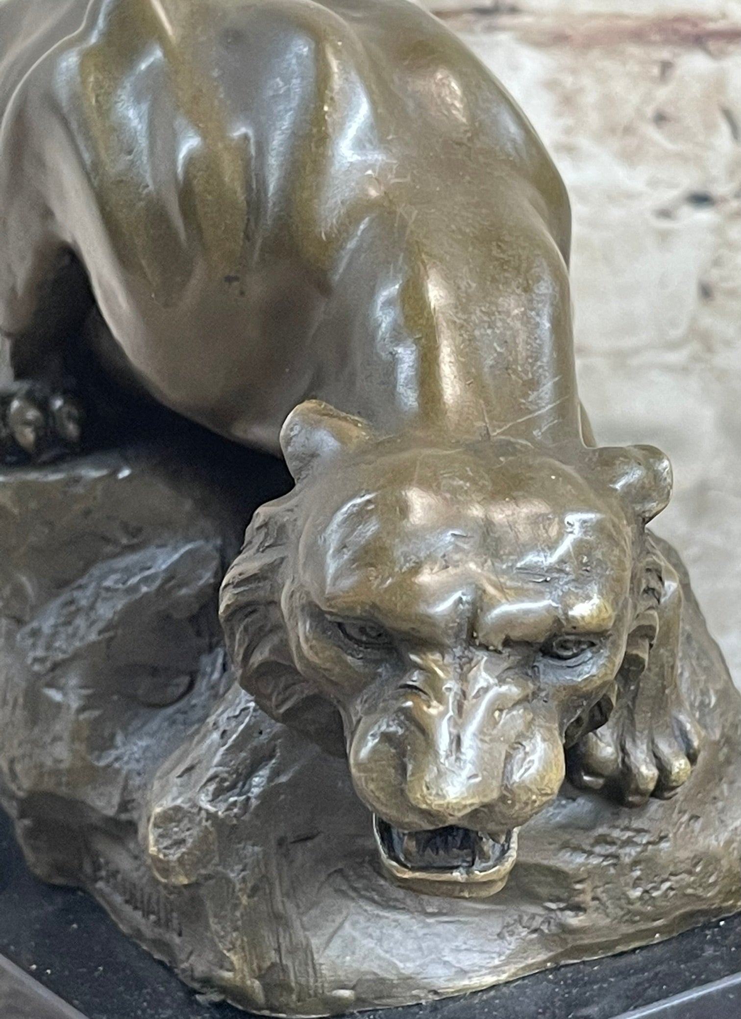Sabre Tooth Tiger Bronze Sculpture on Marble Base