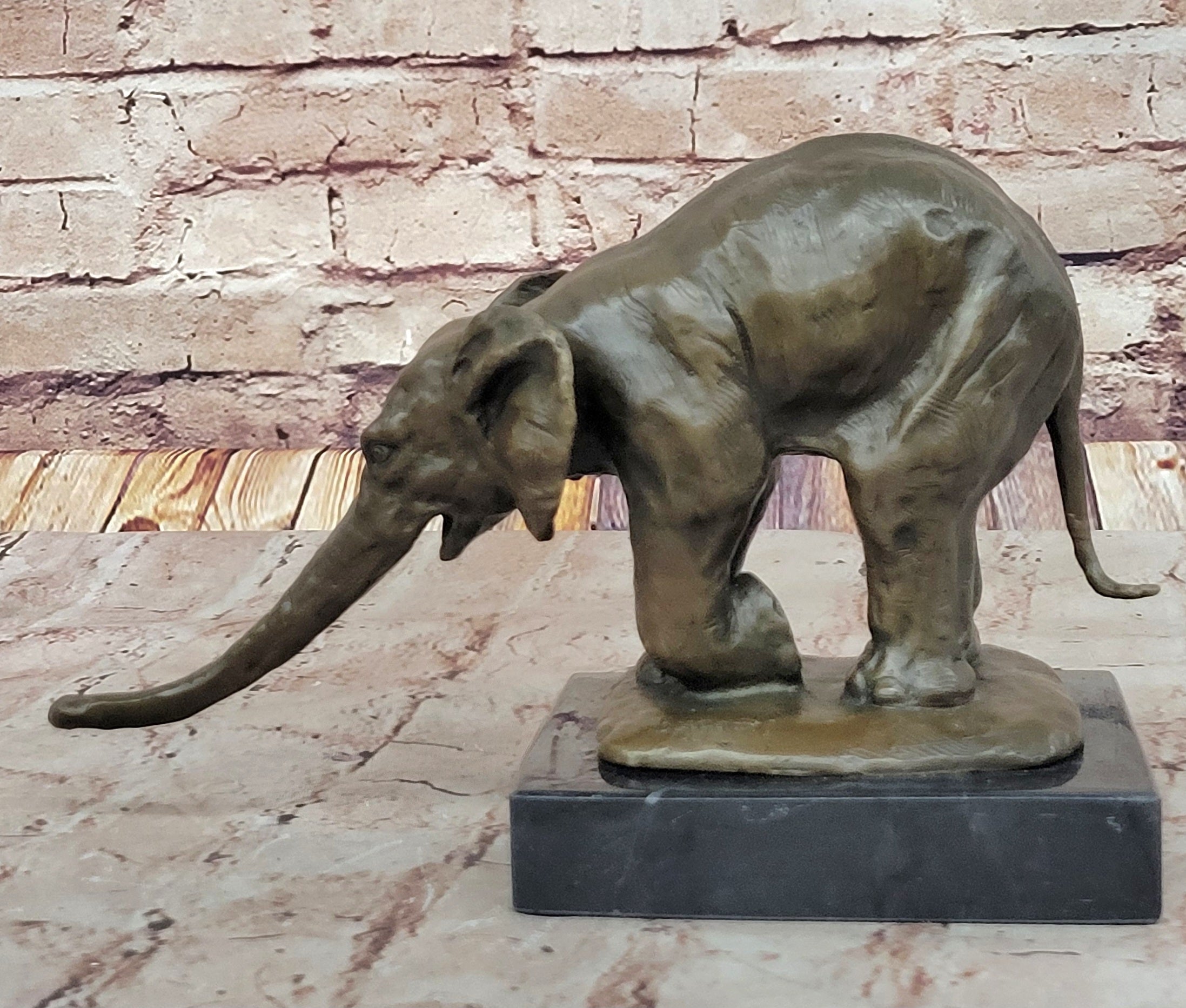 Bronze Elephant Sculpture with Outstretched Trunk on Marble Base