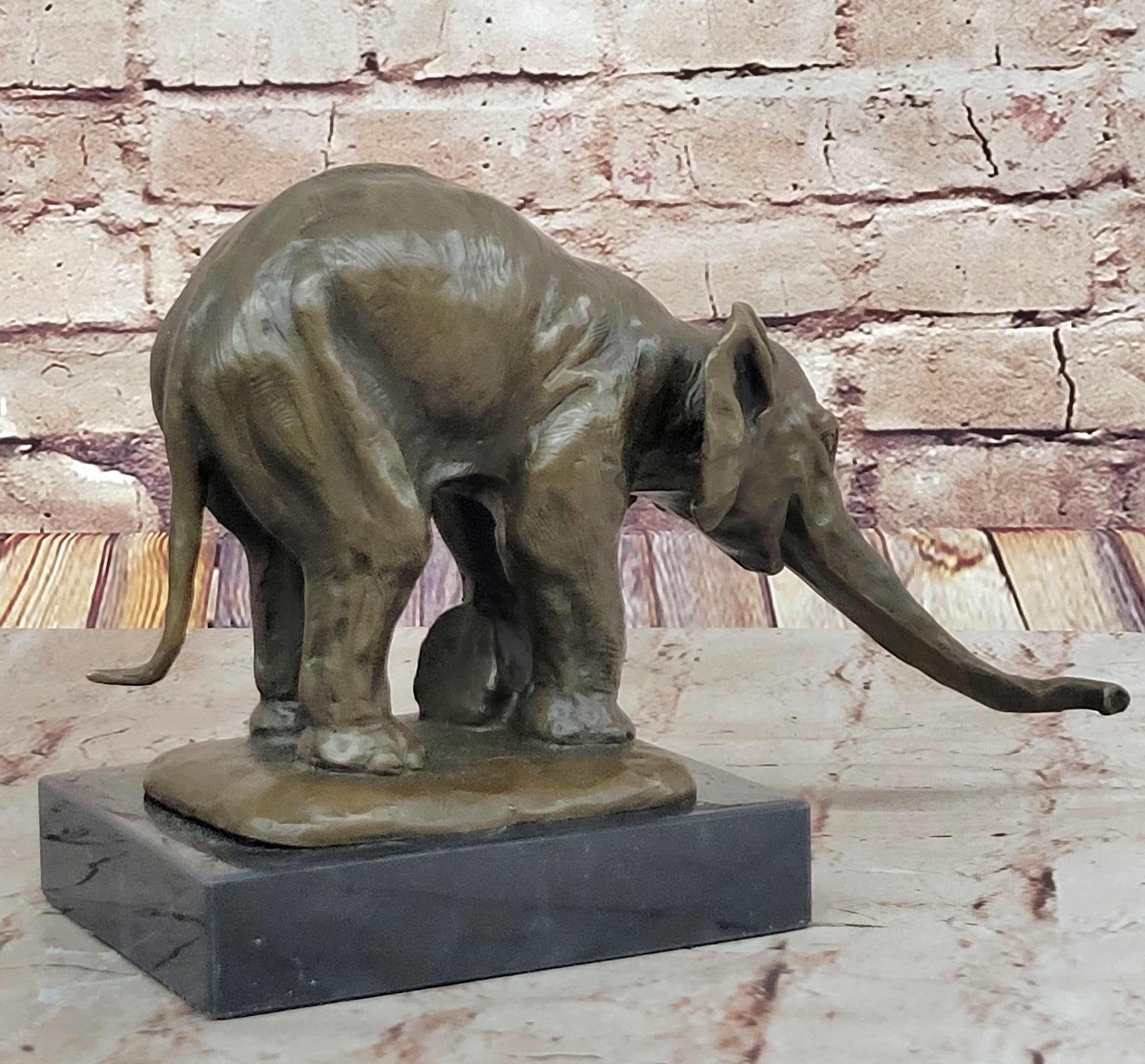Bronze Elephant Sculpture with Outstretched Trunk on Marble Base