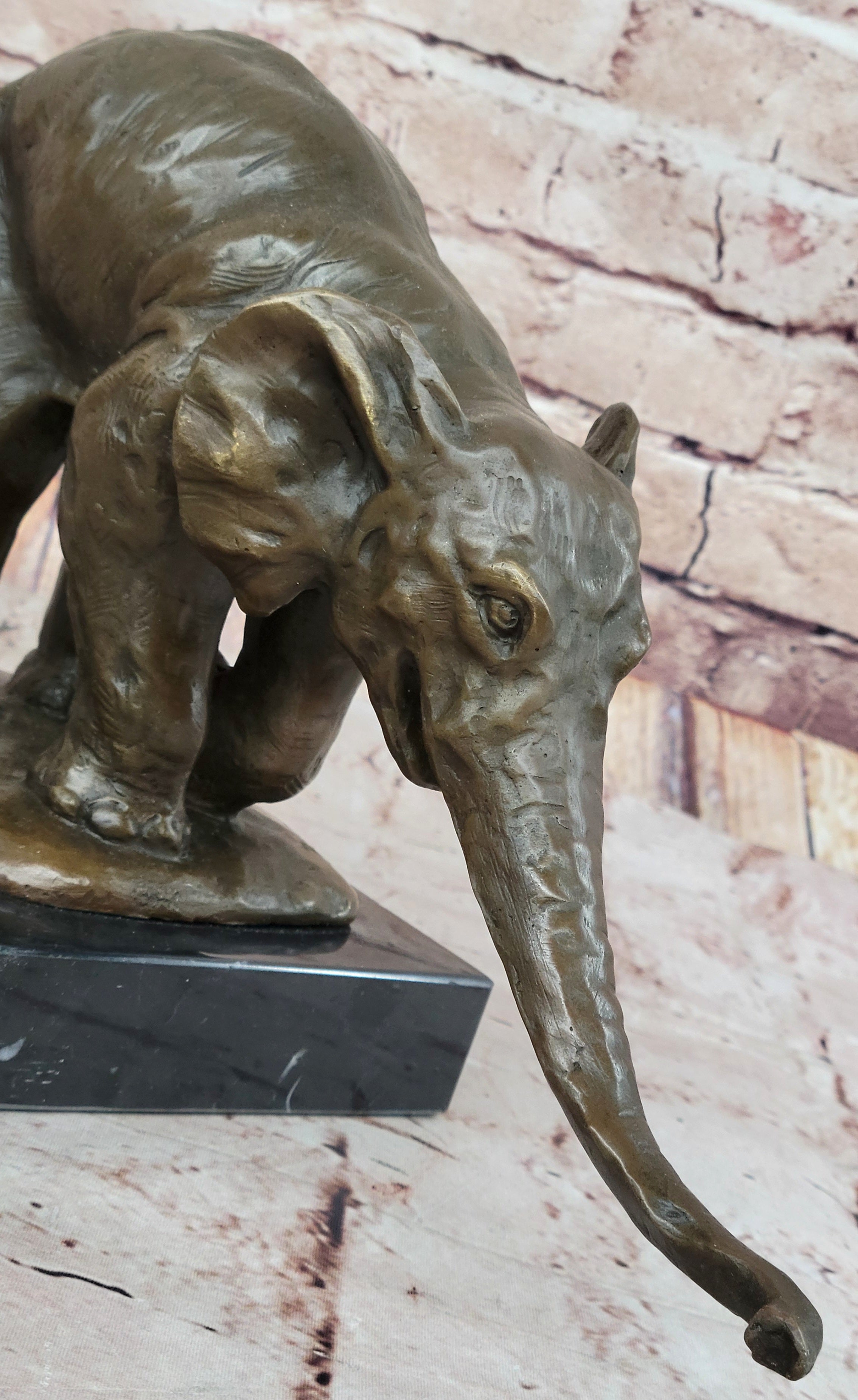 Bronze Elephant Sculpture with Outstretched Trunk on Marble Base