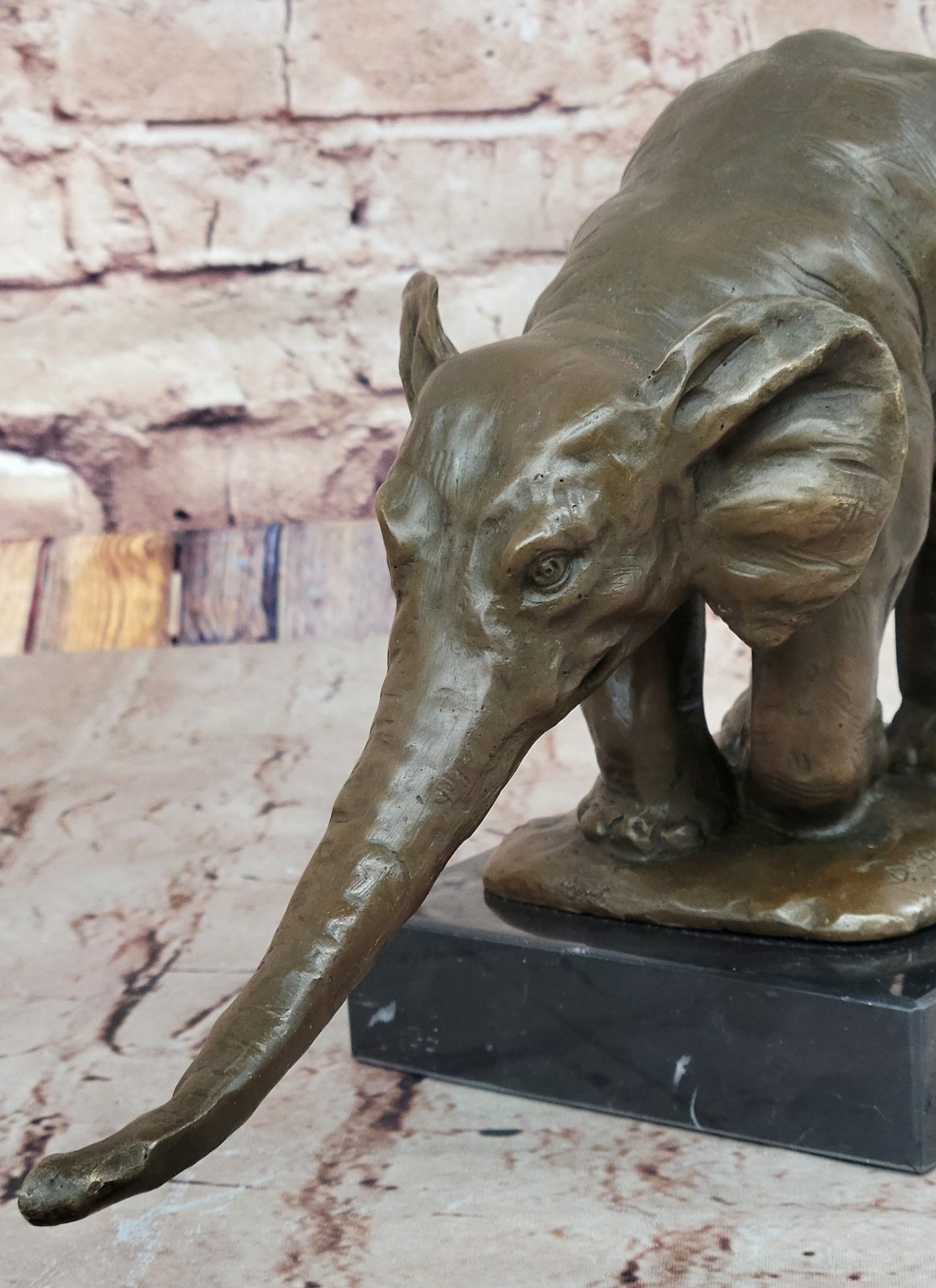 Bronze Elephant Sculpture with Outstretched Trunk on Marble Base