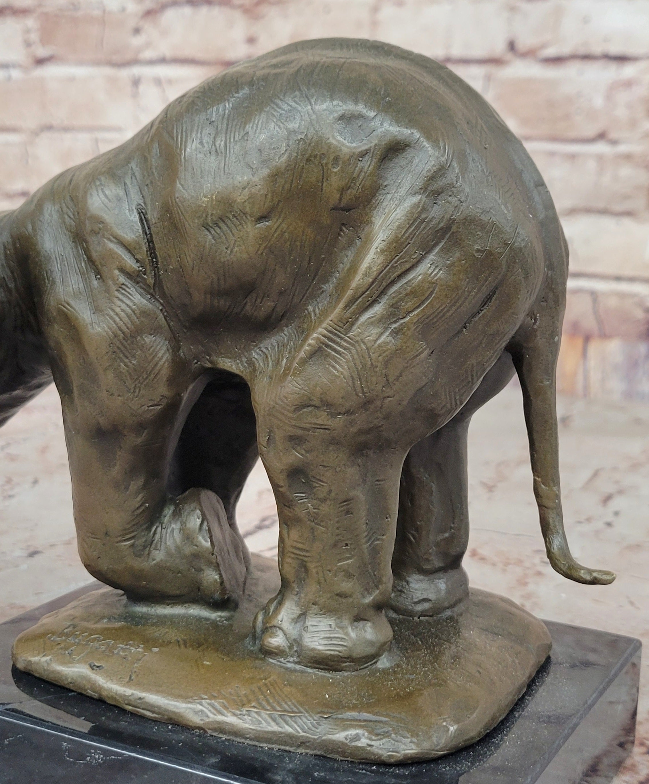 Bronze Elephant Sculpture with Outstretched Trunk on Marble Base