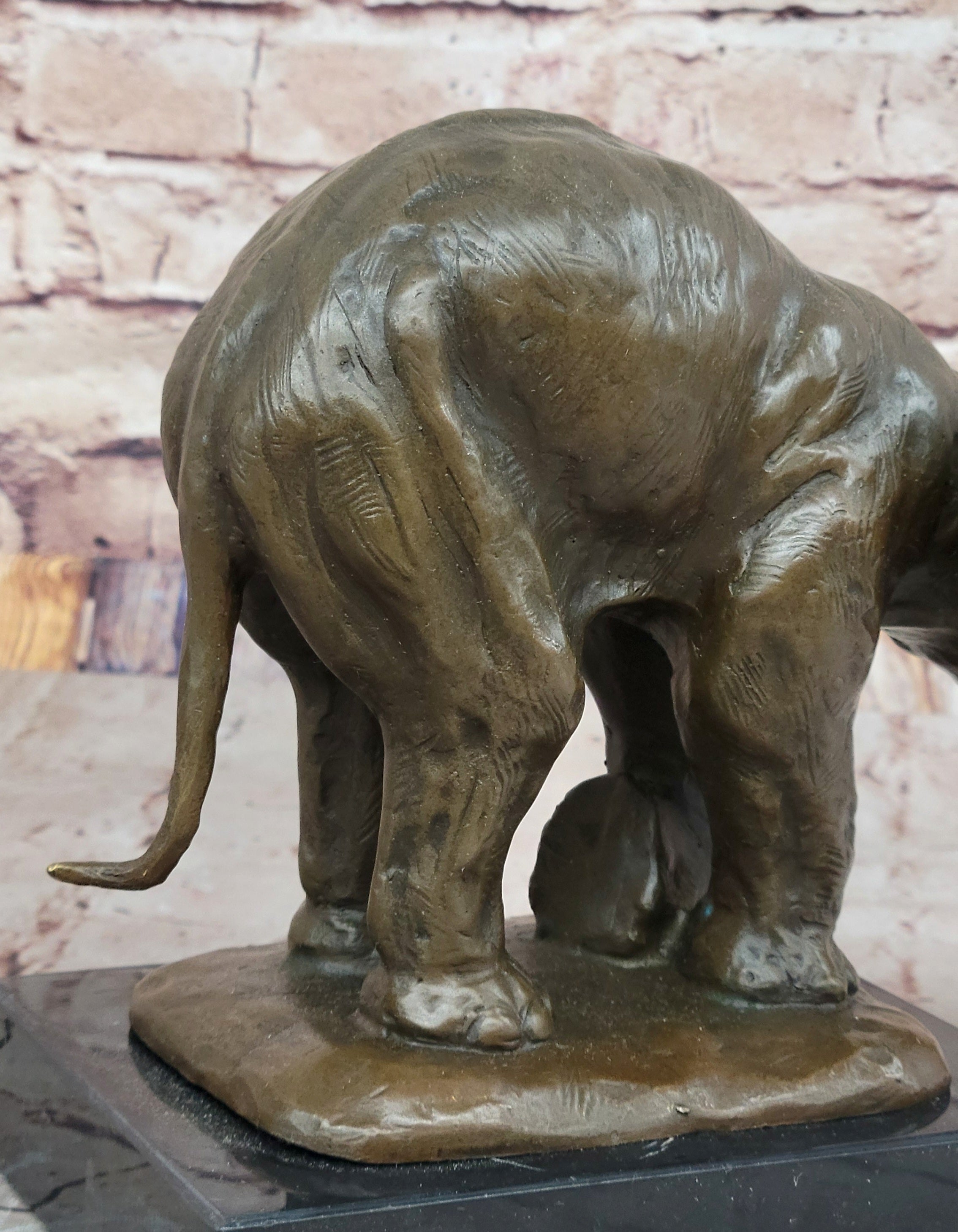 Bronze Elephant Sculpture with Outstretched Trunk on Marble Base