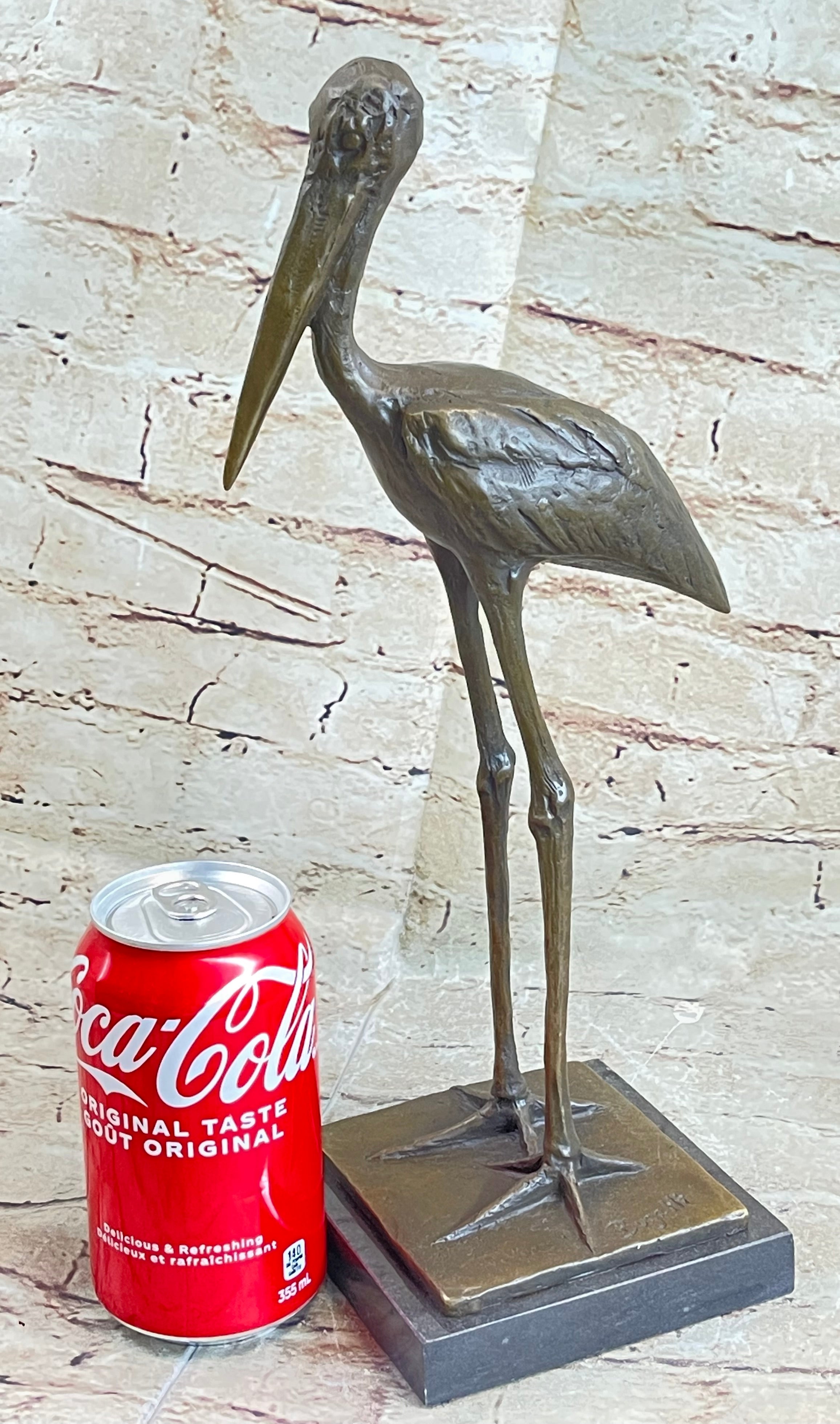 Hot Cast Bronze Stork Egret Bird Sculpture on Marble Base